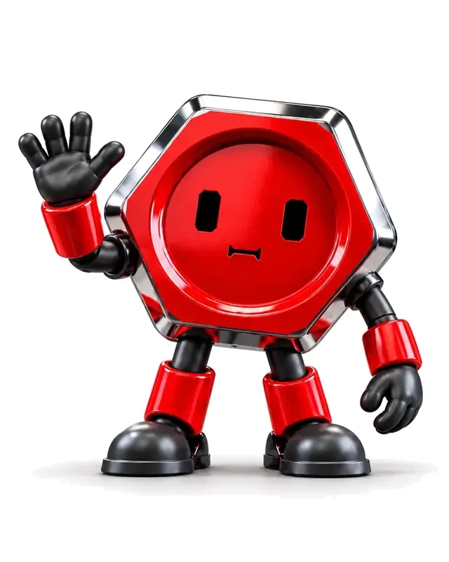Lug, the SUPERWISE mascot: a red hexagon robot waving hello